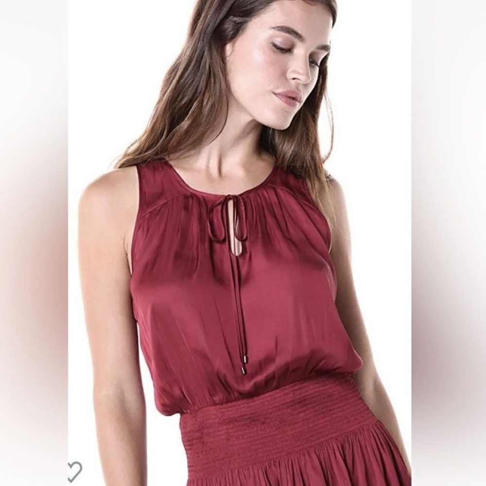 Halston Heritage Sleeveless Smocked Waist High Low Dress Ruby Maroon Small - Picture 3 of 14